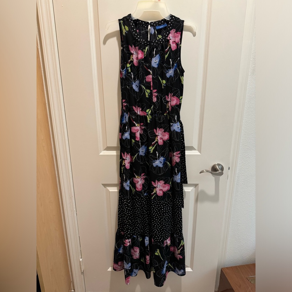Black maxi dress with pink and blue flowers and white polka dot accents